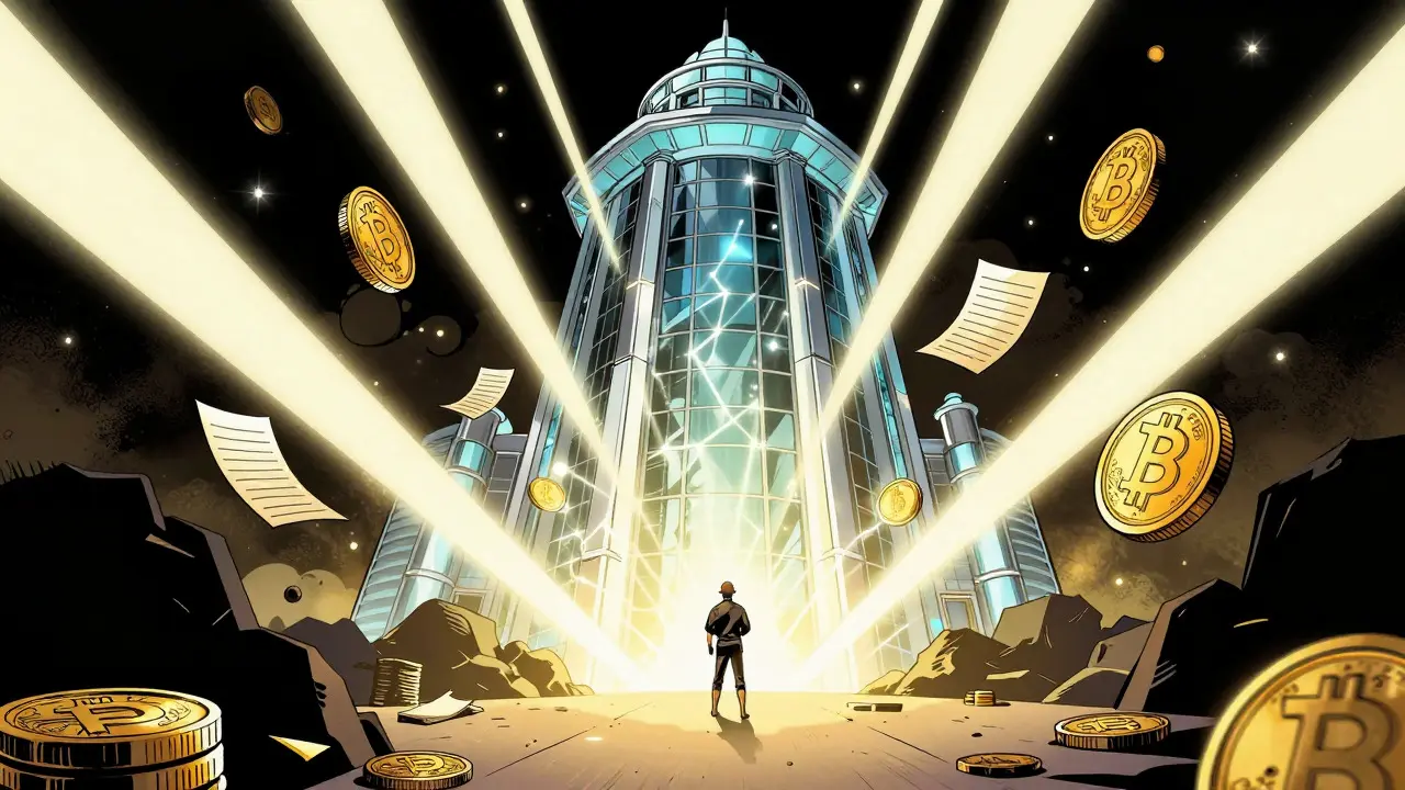 Futuristic regulated crypto bank rising from shadows