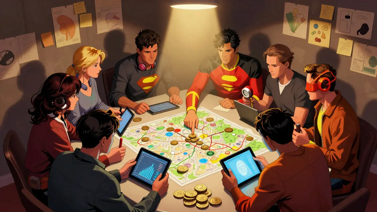 Group of people collaborating on a strategy table in comic book style