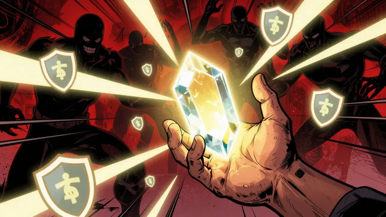 Hand grabbing glowing crystal while blocking shadowy threats