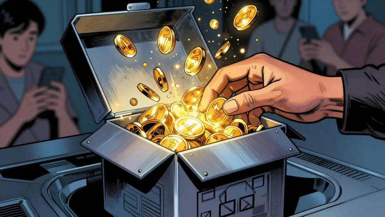 Hand opening a metallic box revealing swirling golden tokens and particles