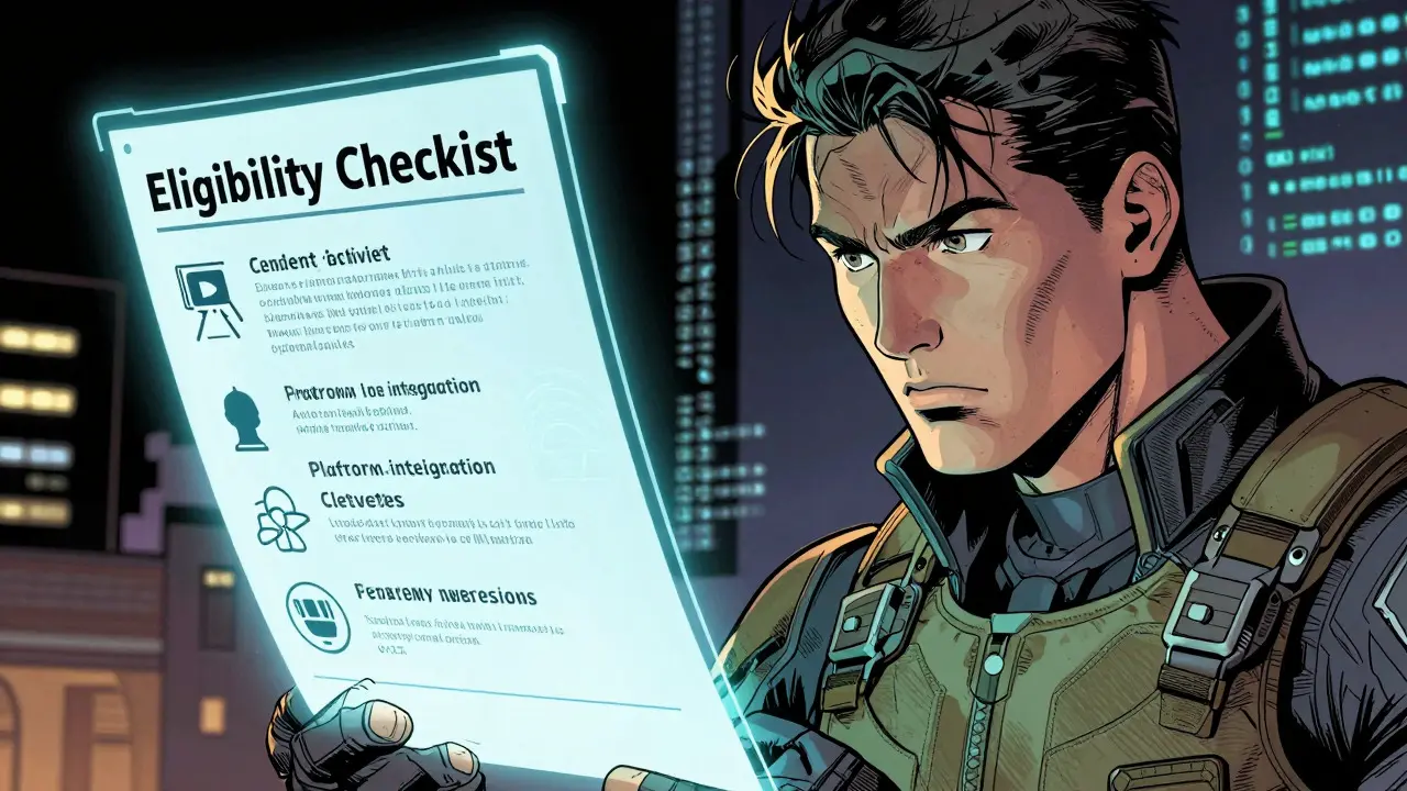 Hero analyzing holographic eligibility checklist in comic style