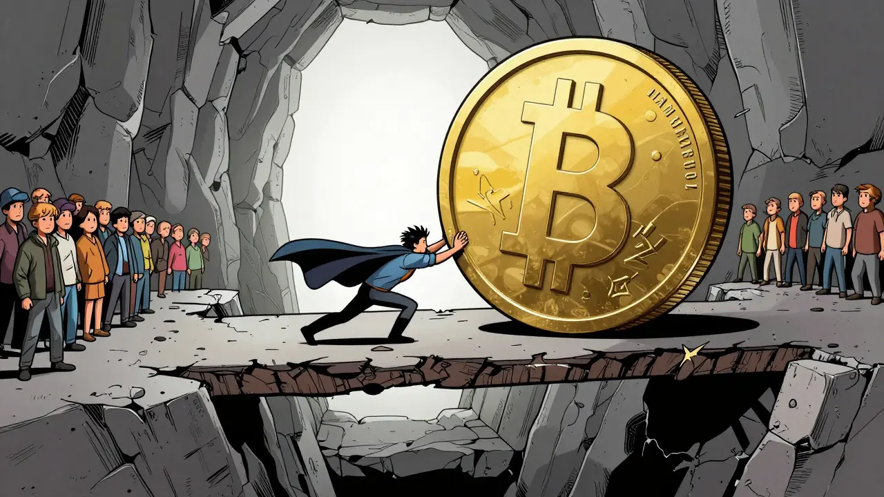 Hero pushing a large coin across a fragile bridge in a comic book illustration