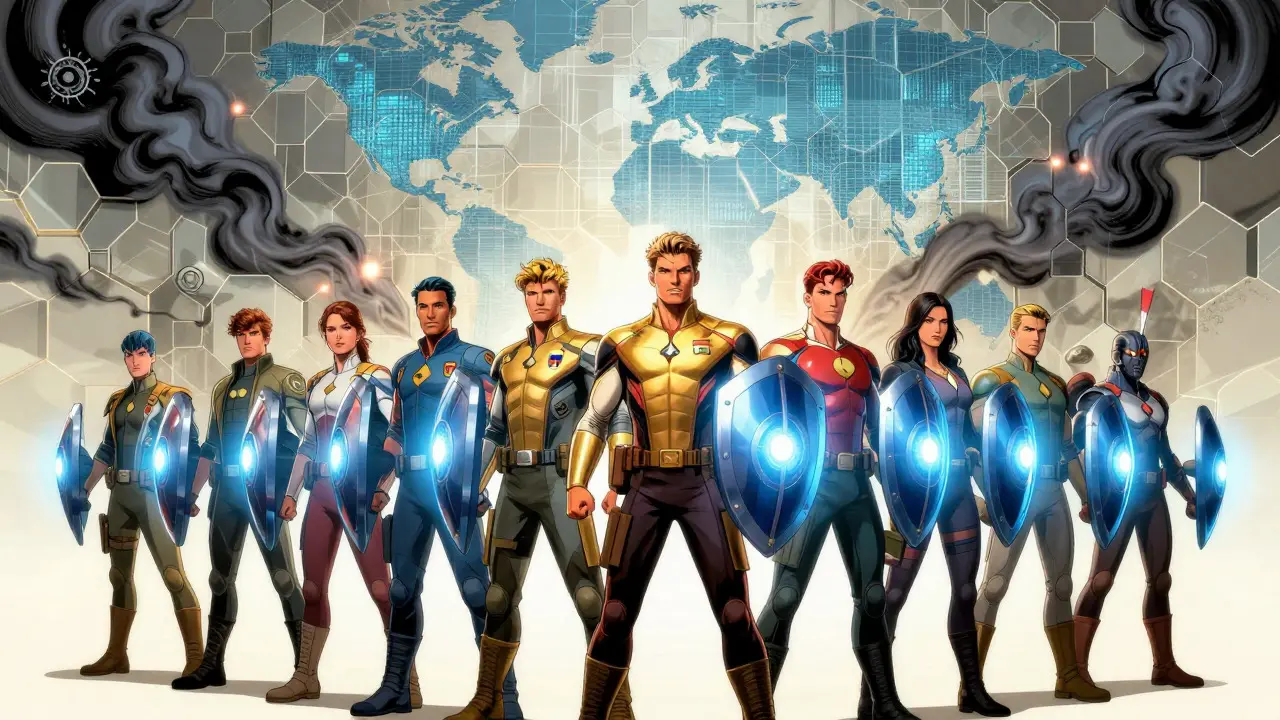 Heroic defenders protecting digital finance from threats in comic style