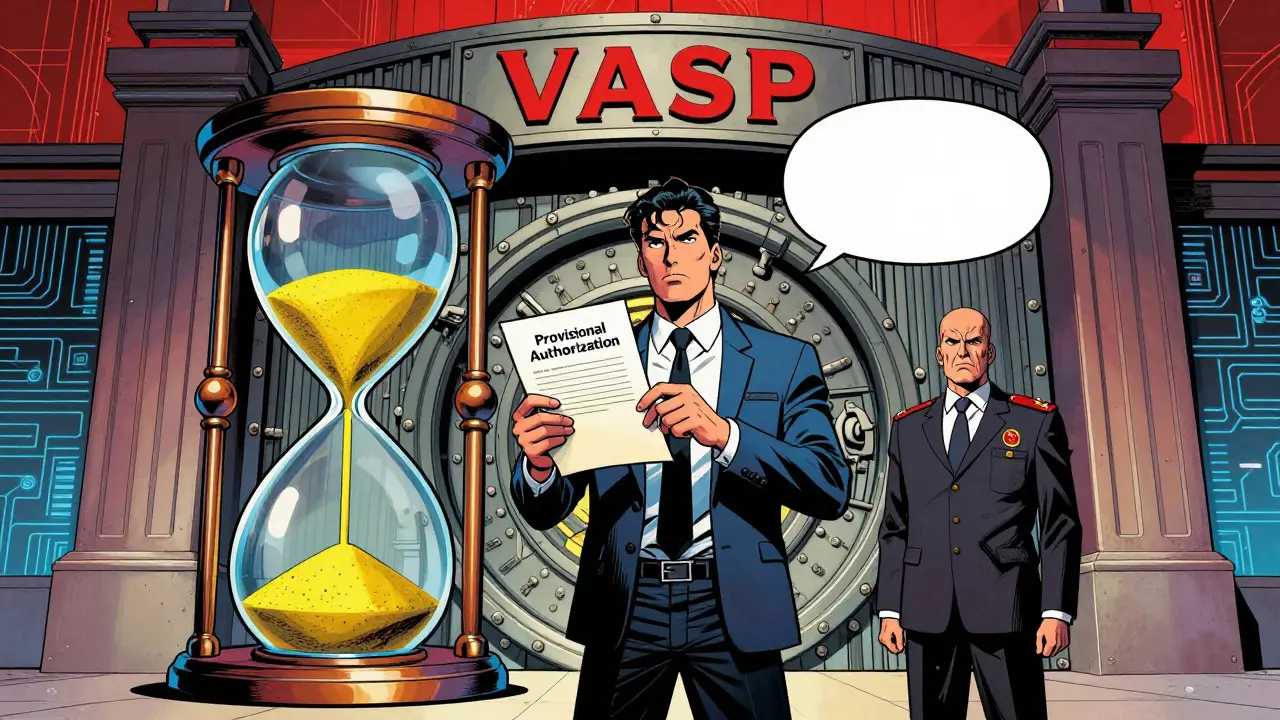 Heroic figure facing VASP licensing gate with hourglass timer in comic style
