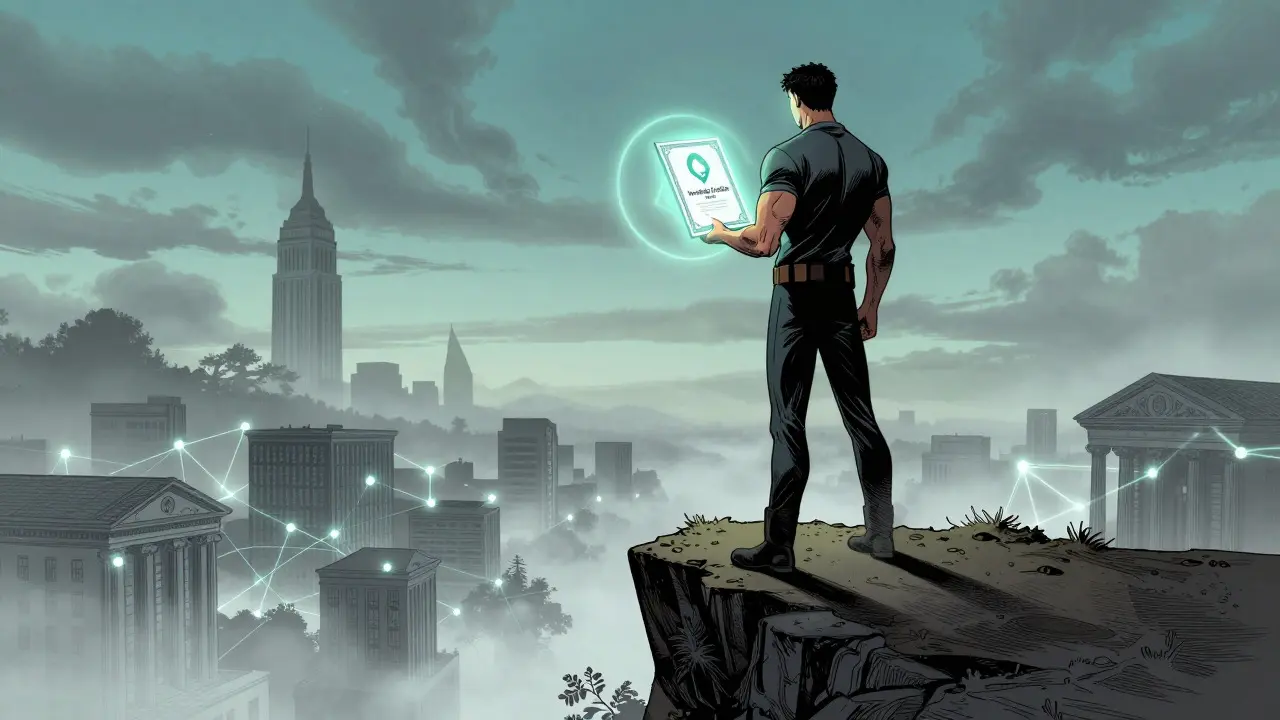Heroic figure holding a verifiable credential overlooking a financial landscape.