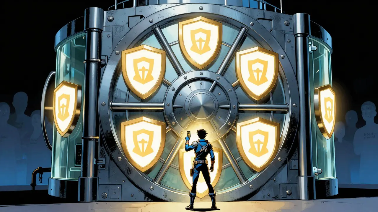 Illustration of a secure vault guarded by multiple glowing shields