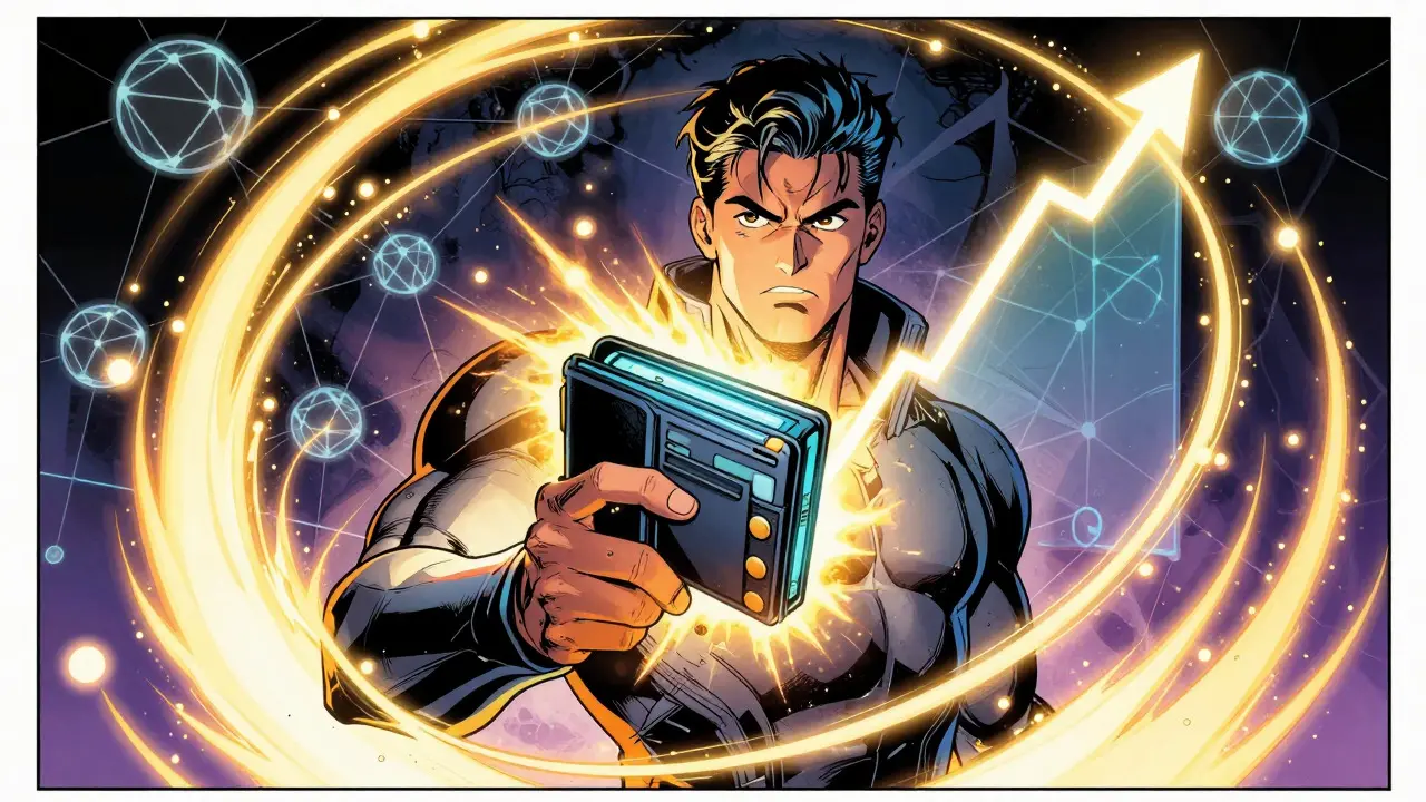 Investor surrounded by glowing staking rewards in comic style