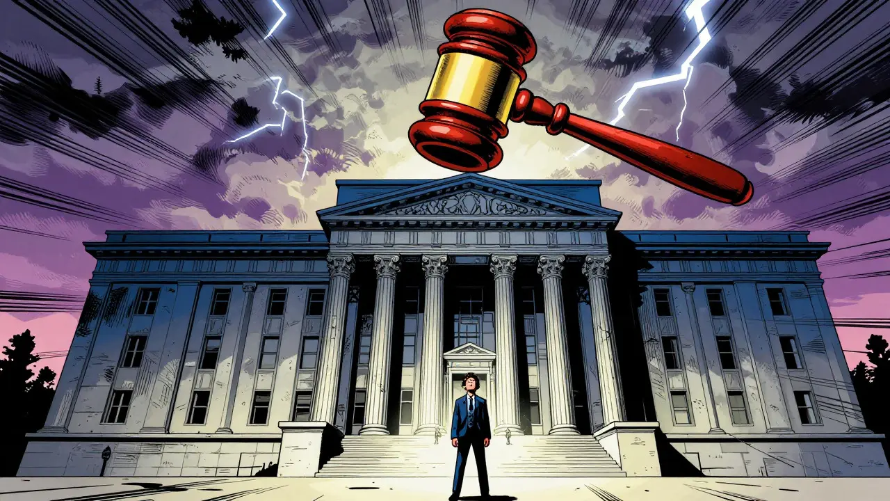 Ominous government building and gavel threatening a small figure