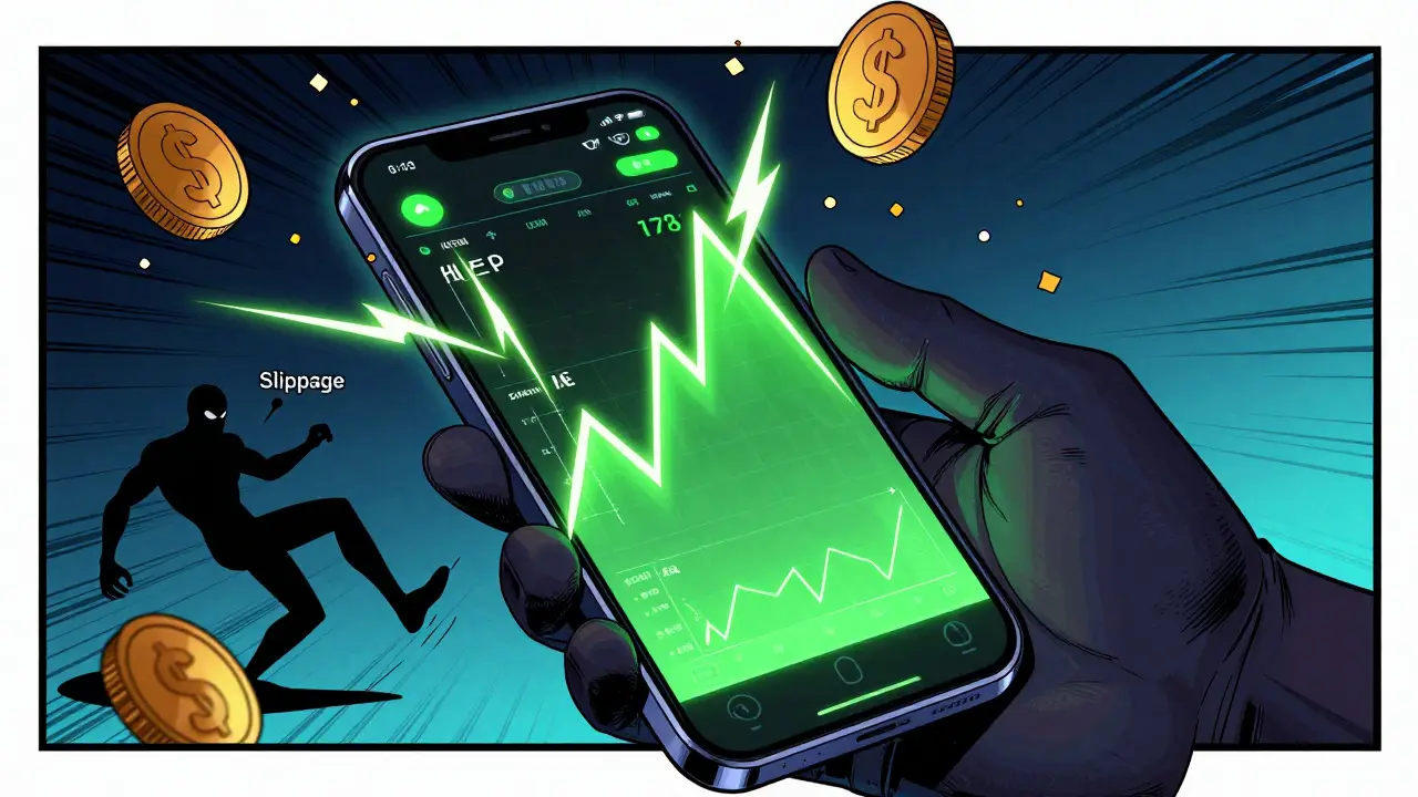 Phone showing fast crypto trades and fee savings