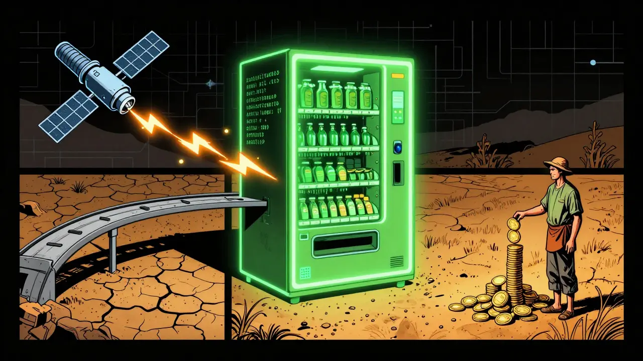 Smart contract auto-dispenses funds to farmer via satellite data