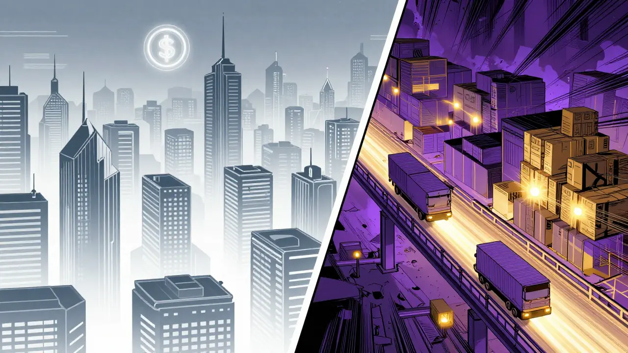 Split cityscape comic showing domestic order and cross-border trade via light bridges