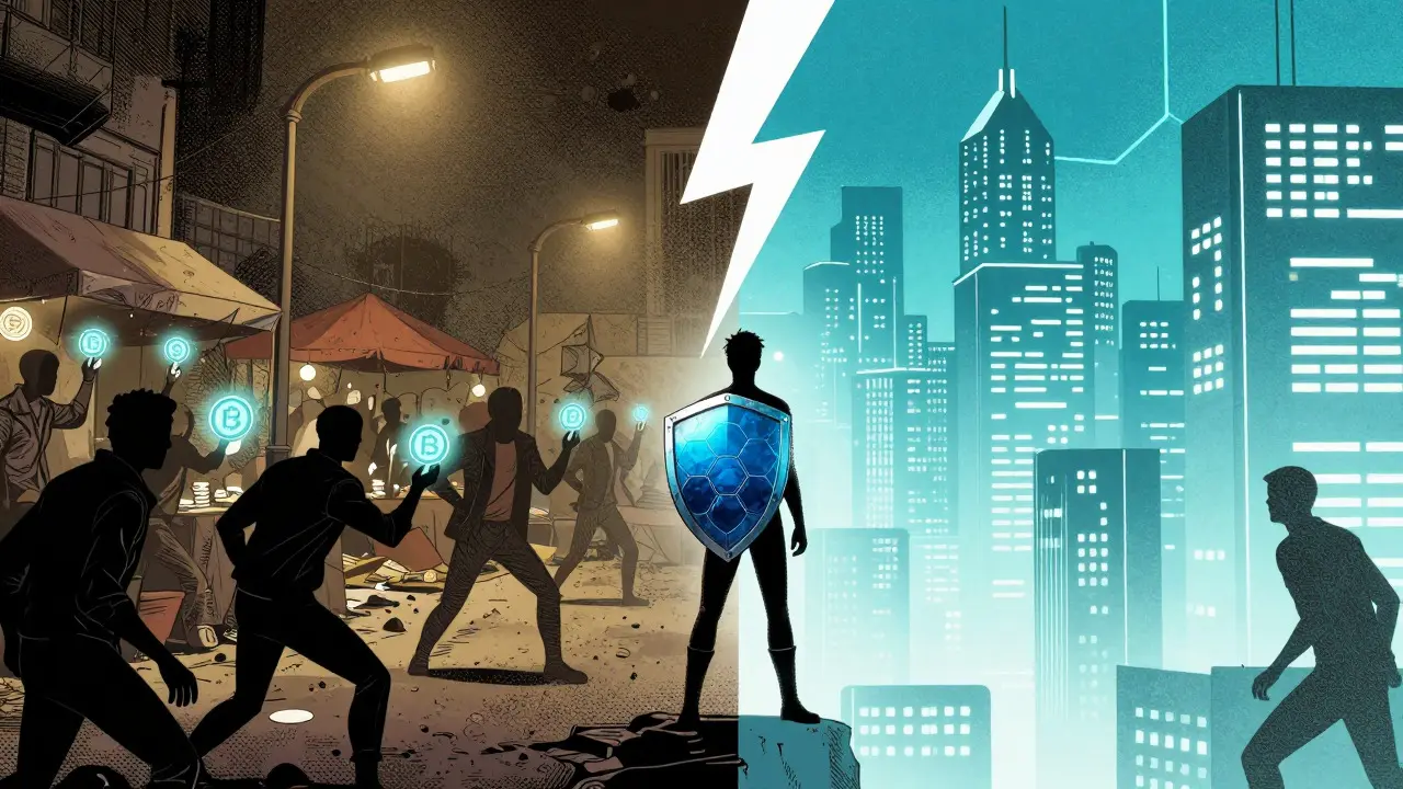 Split scene showing underground market vs future city with a hero