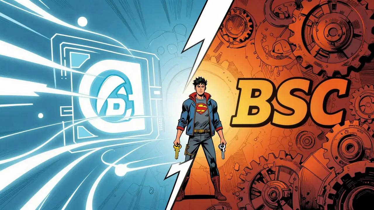 Split screen comic art showing two different blockchain networks with a confused hero in the middle