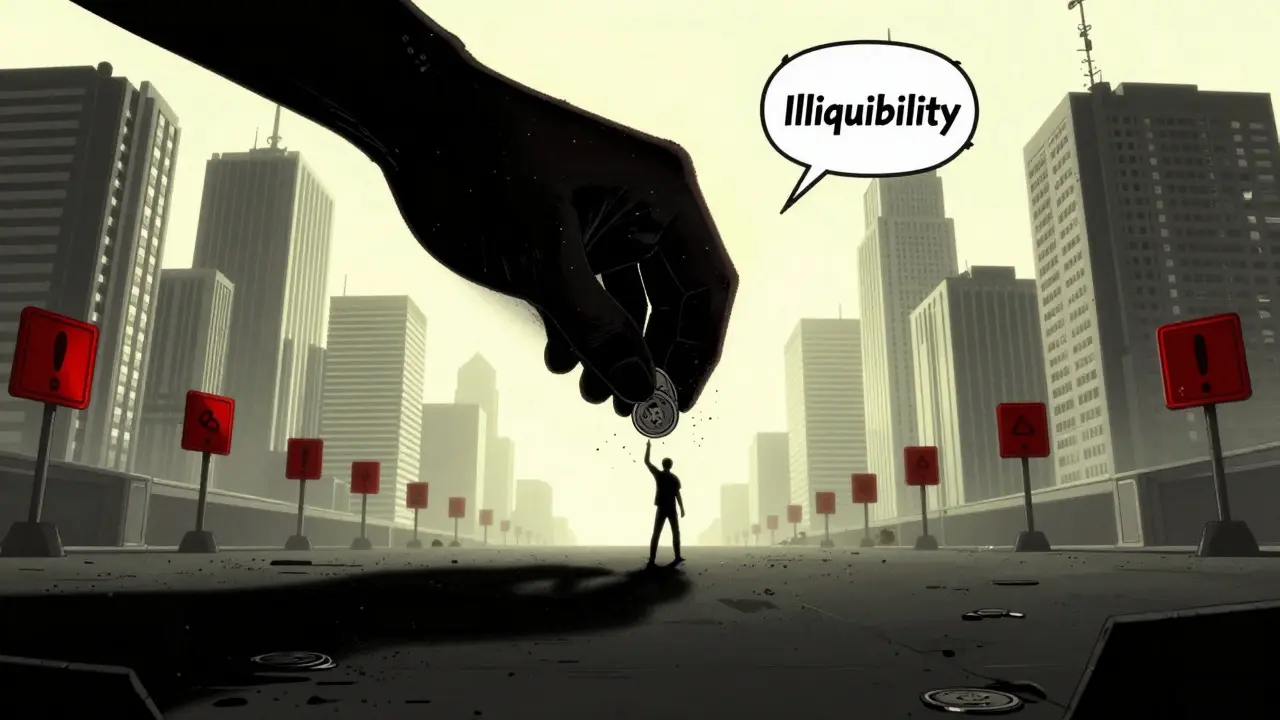 Superhero comic illustration of an investor trapped by illiquidity with no buyers for their crypto tokens.