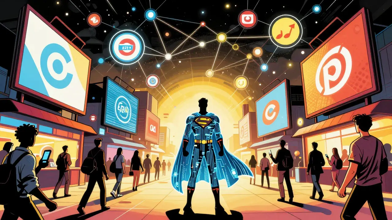 Superhero figure in a data-stream cape amidst a network of floating digital nodes