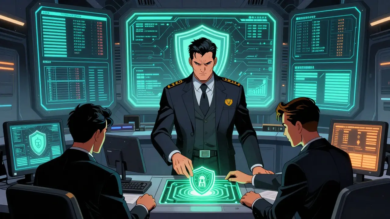 Superhero style regulator monitoring digital asset transactions in a high-tech control room