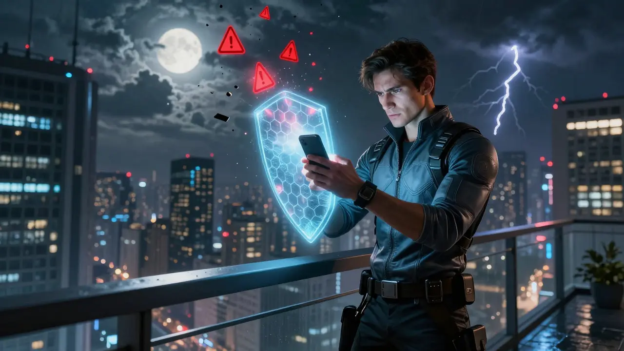 Superhero-style trader holding a holographic shield against stormy city backdrop