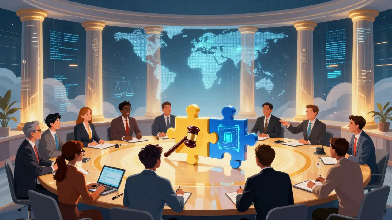 Team assembling a puzzle of law and tech in a futuristic comic book setting