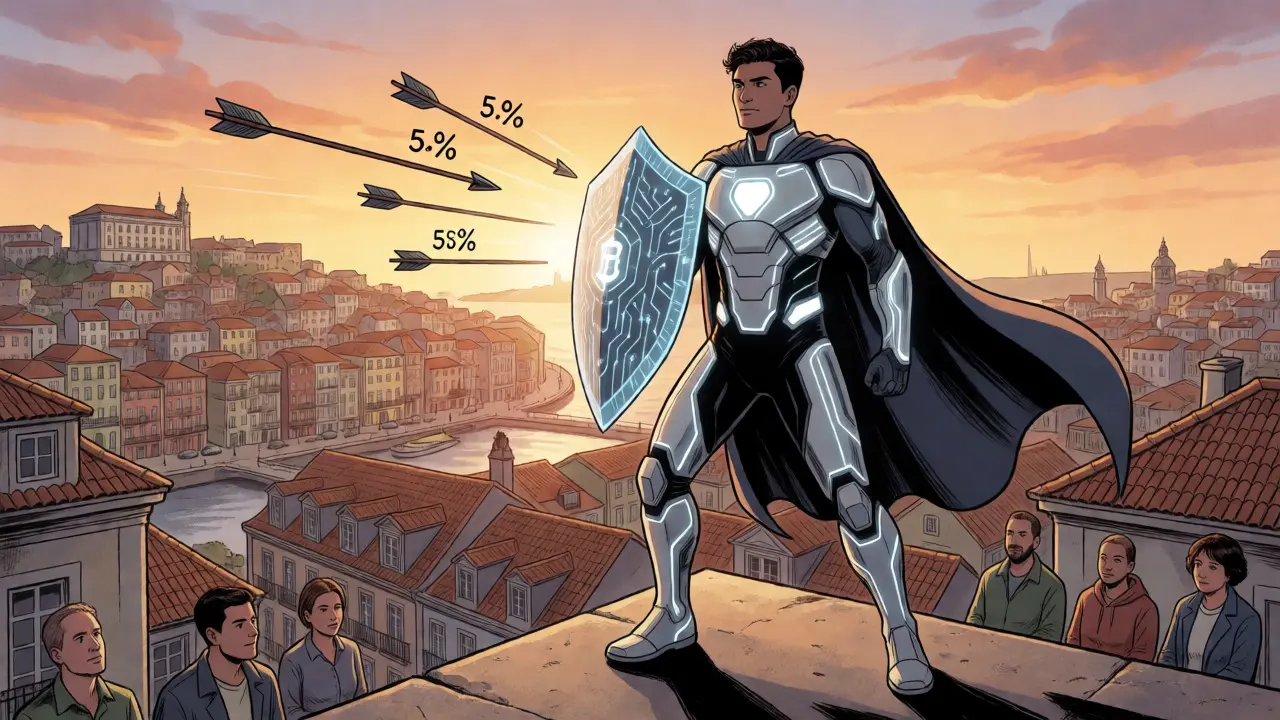 Tech-armored IFICI hero defending against tax arrows in Lisbon