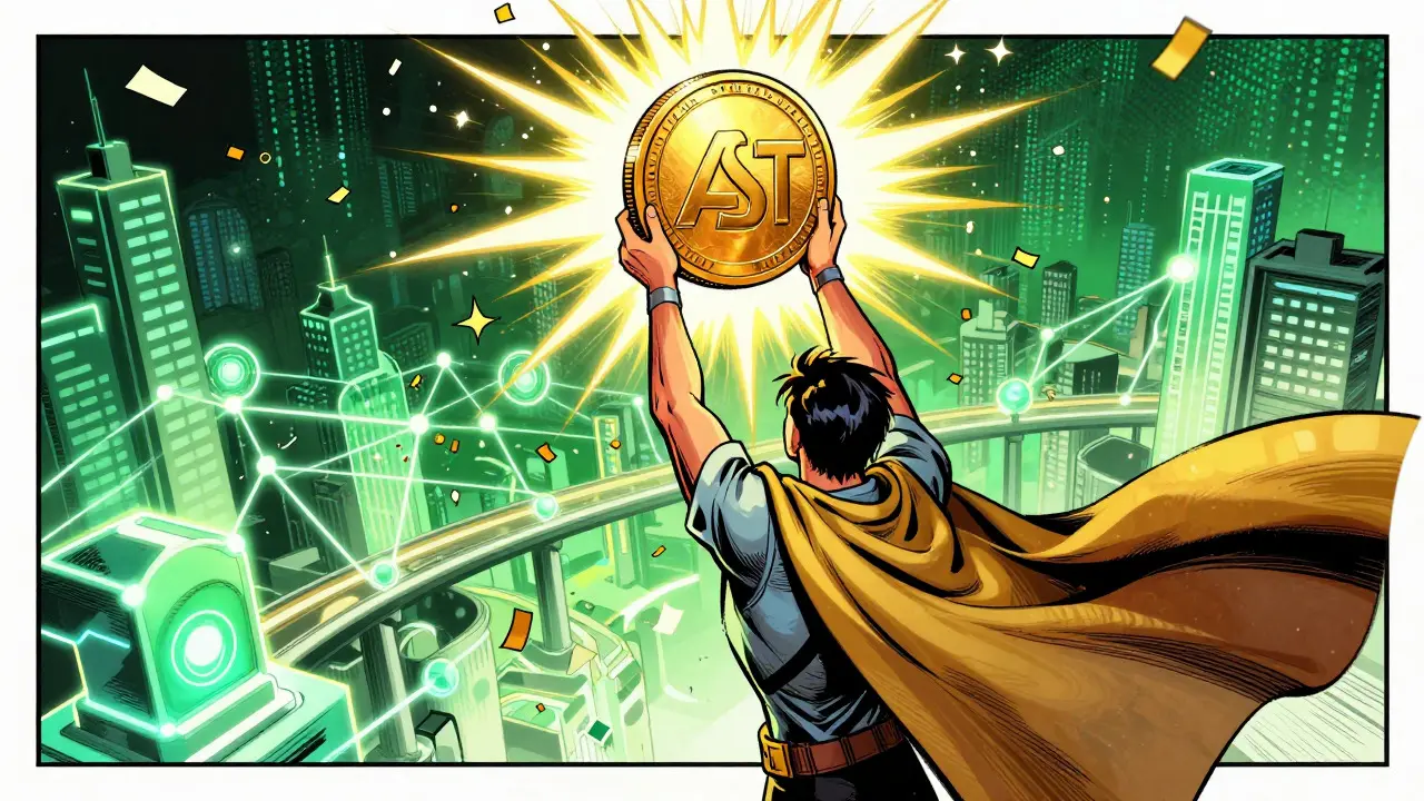Triumphant comic hero holding a glowing token amidst a digital cityscape and celebratory effects