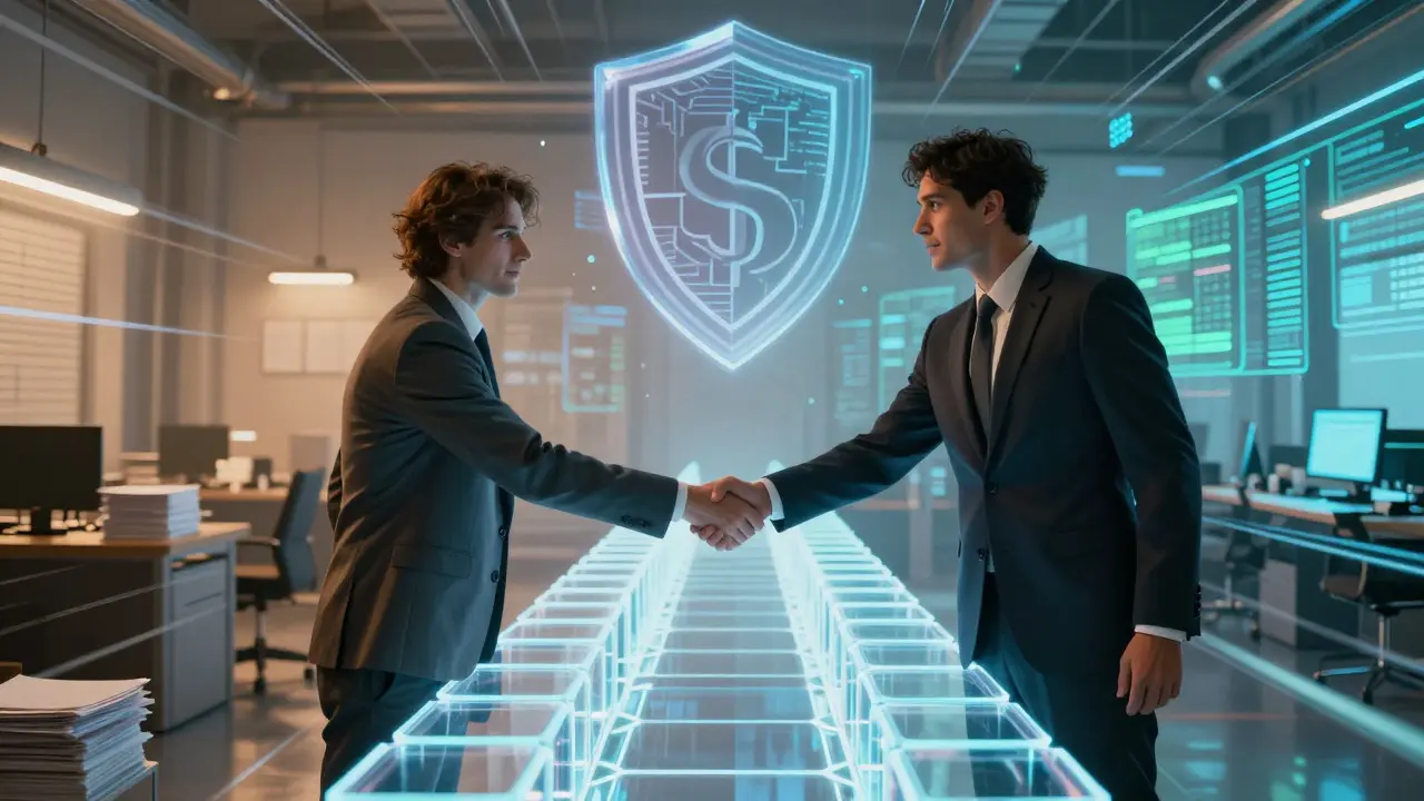 Two professionals shaking hands over a glowing bridge of digital blocks in comic art