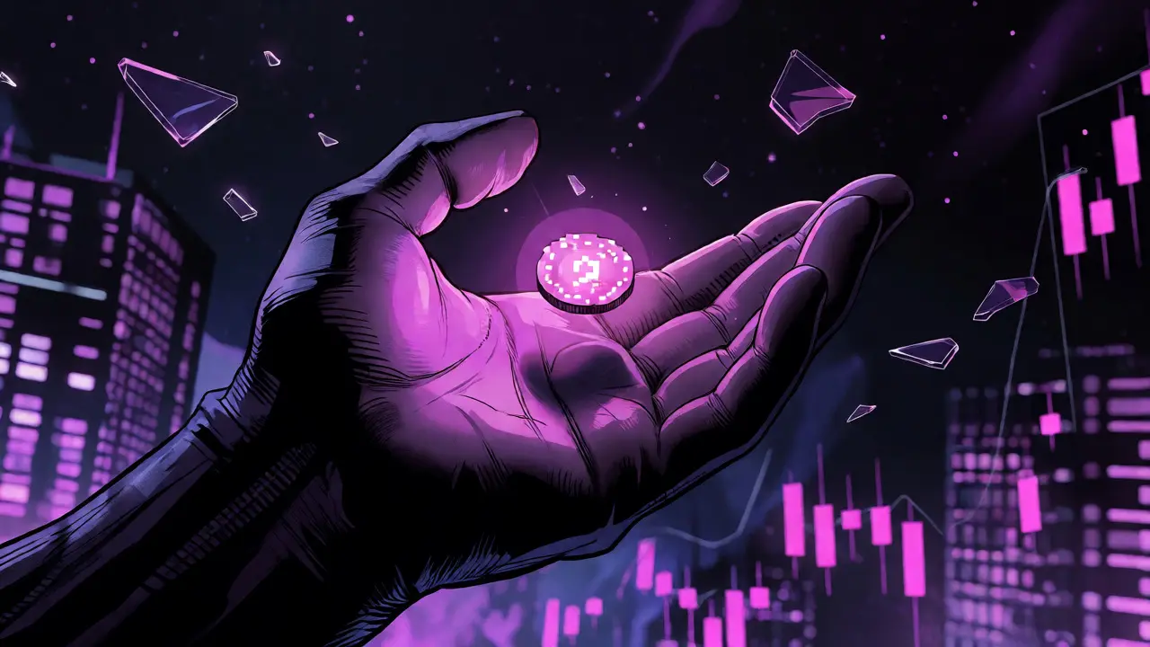 A hand holds a glowing tiny coin amidst floating data shards in a dark void.