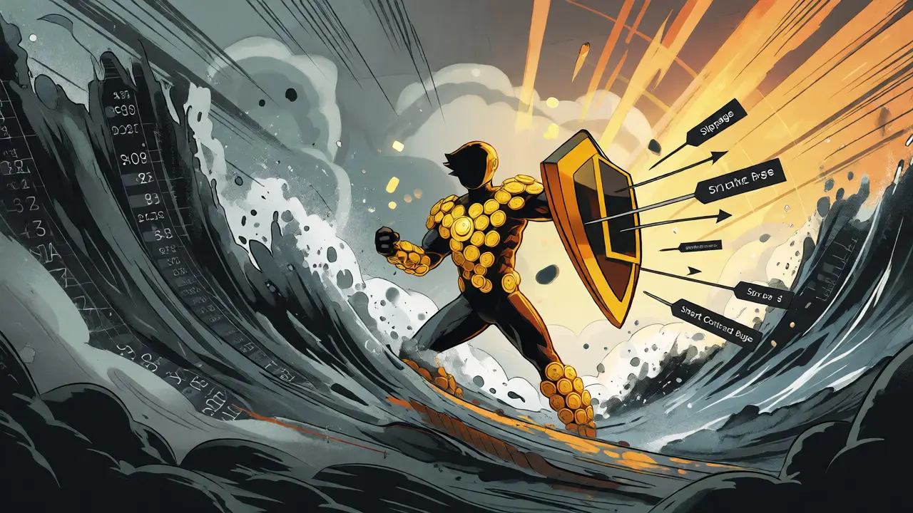 A SOFI token hero defending against volatile market waves in comic art.