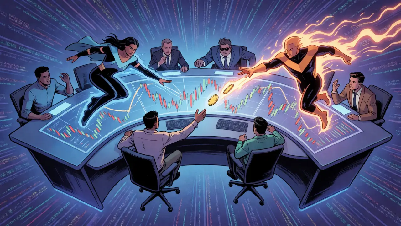 Agile speedster traders navigating twisting chart patterns to catch a fleeting golden coin in a data void.