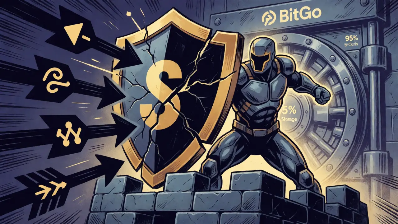 Armored digital guardian protecting a crypto vault shield from dark risk arrows in a comic book style.