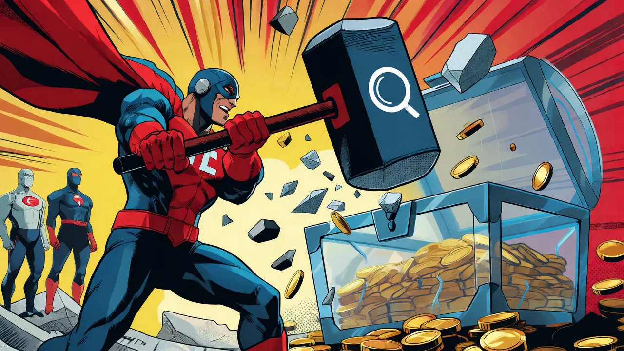 Armored hero smashing a glass treasure chest illusion to reveal empty space behind it.