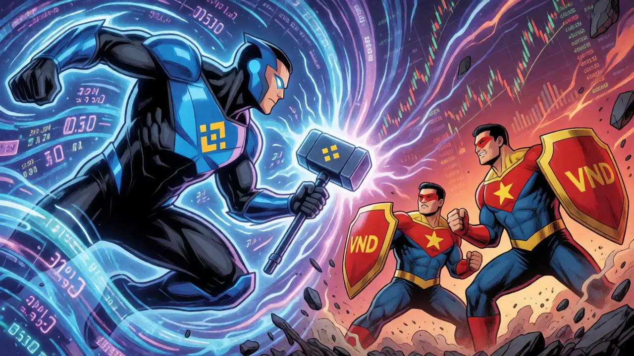 Binance superhero battling local exchanges in a comic-style market war
