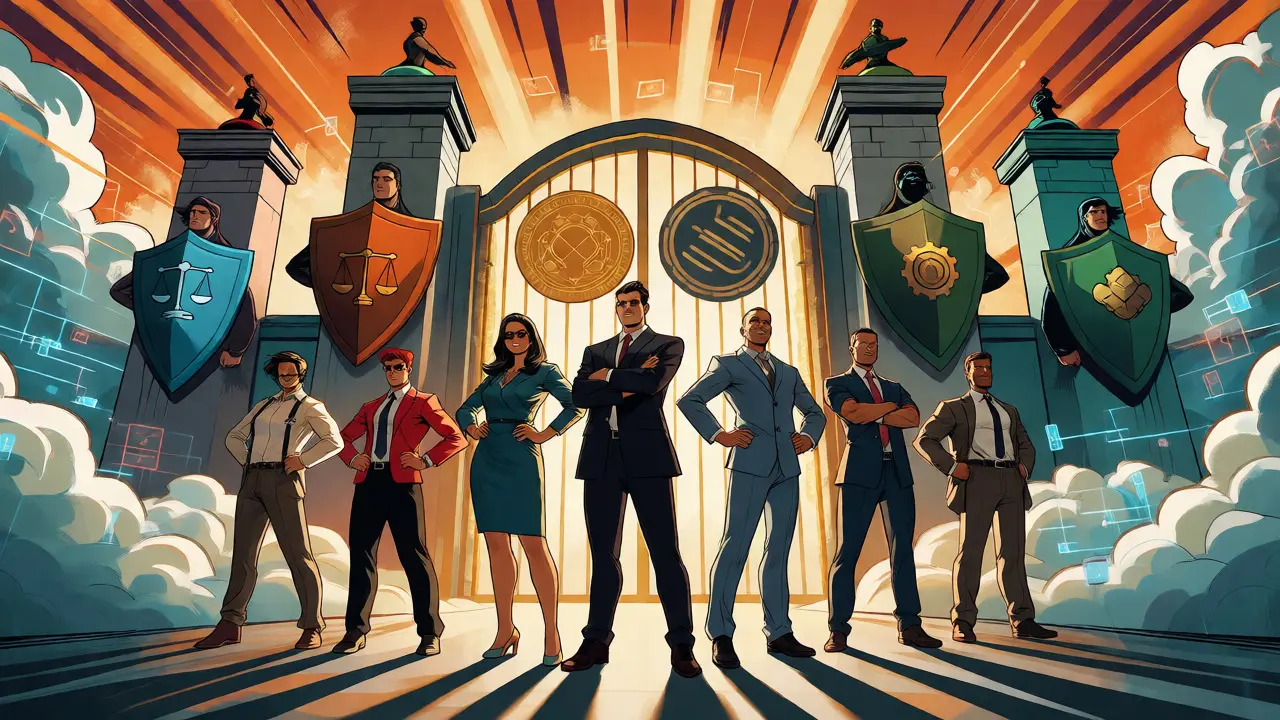 Business heroes standing before regulatory gates with jurisdiction pillars