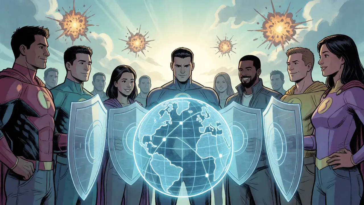 Collaborative team managing blockchain upgrades with futuristic stability.