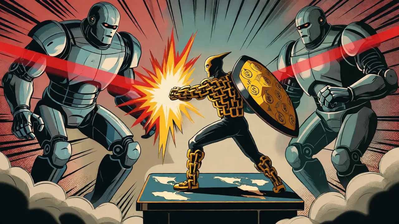 Crypto hero fighting giant robots over Latin America map