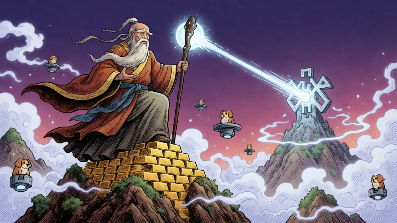Cyber-Taoist sage on gold mountain with Bittensor tower