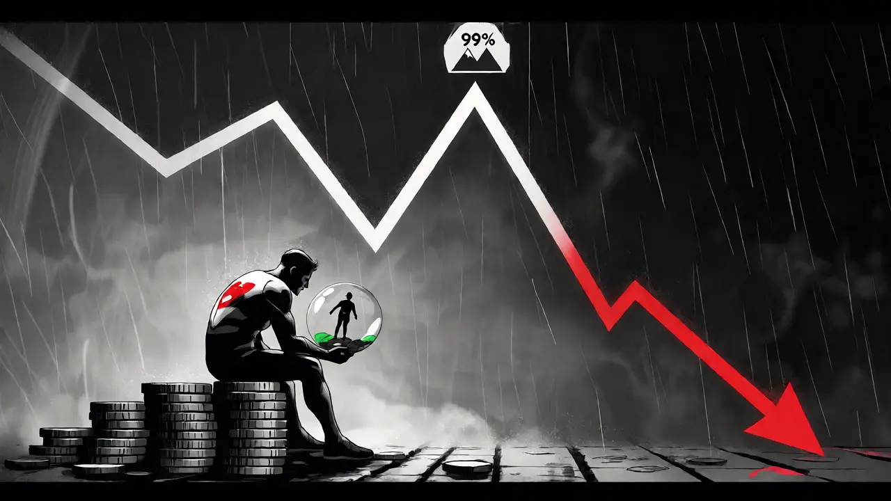 Dejected hero watching a steep price drop graph in a rainy, noir-style setting.