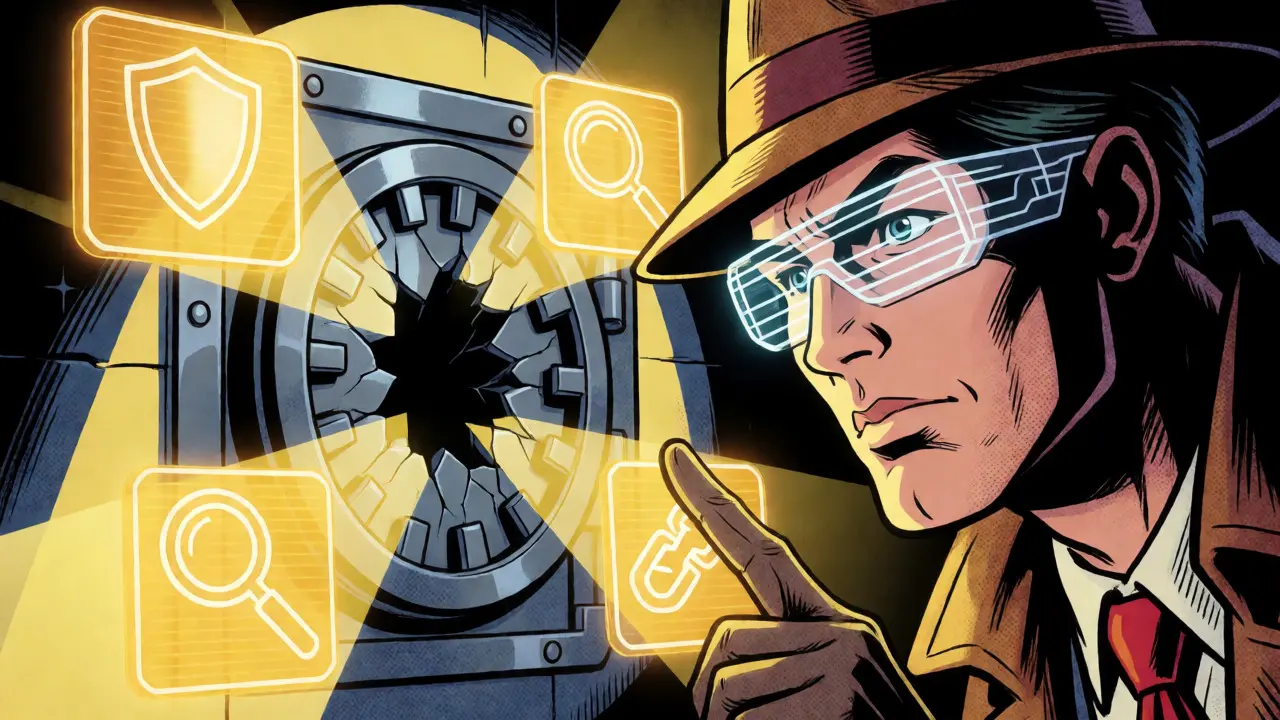 Detective inspecting a cracked digital vault lacking proof of reserves and audits.