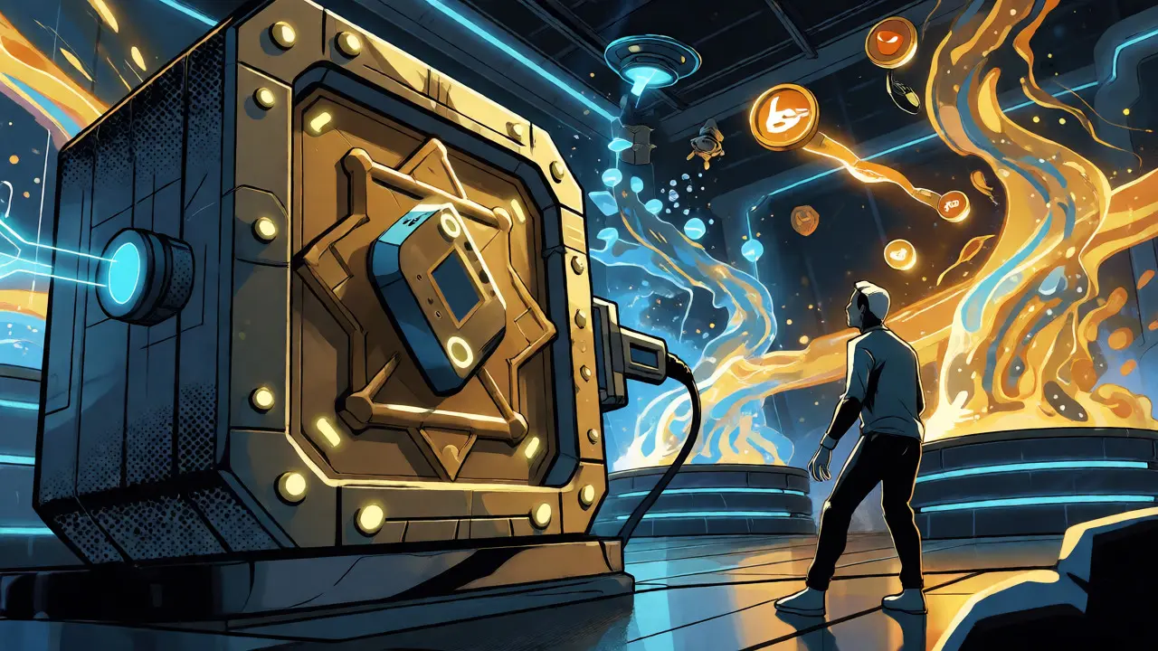 Digital wallet connecting to a futuristic DEX vault with liquidity vortexes in comic art