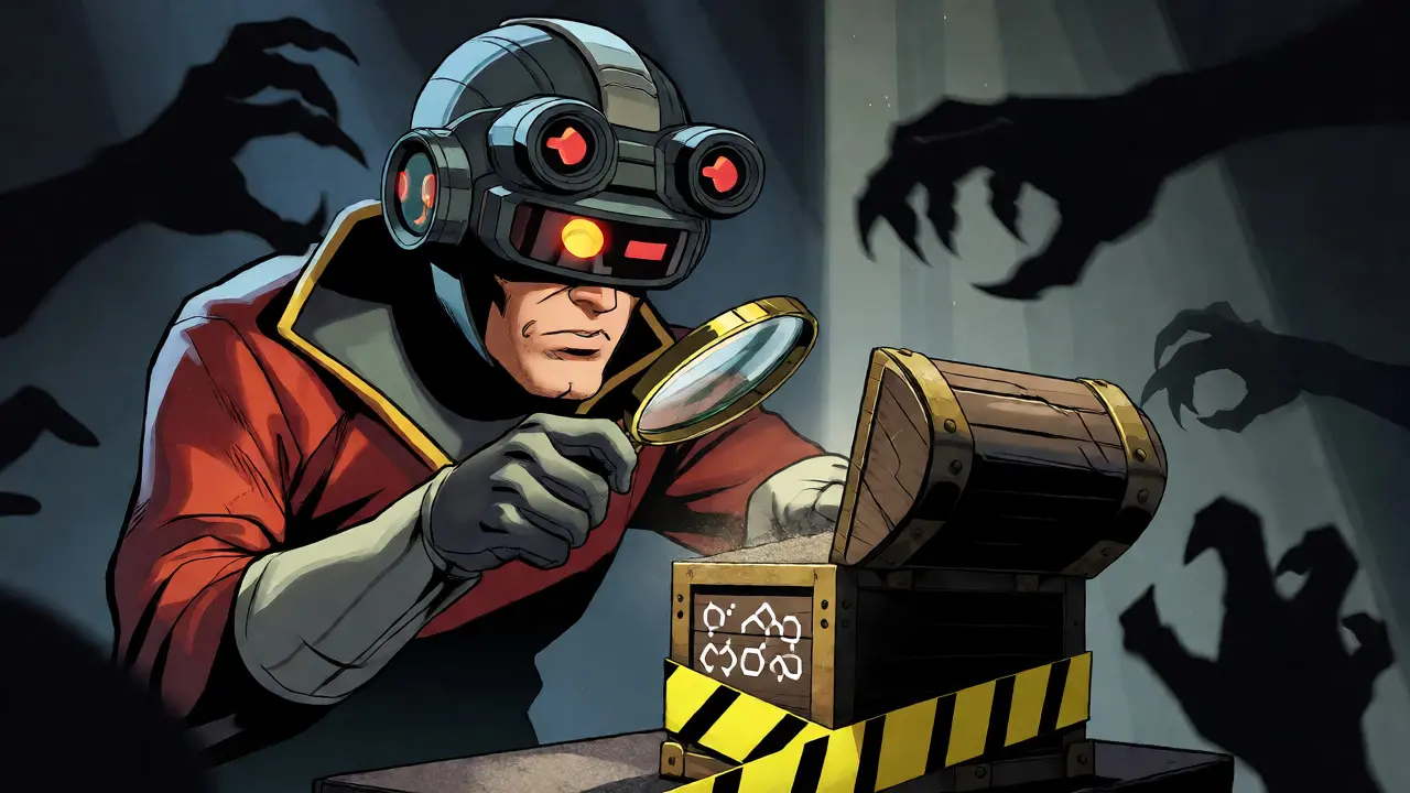 Explorer inspecting a treasure chest with caution tape, representing safe airdrop participation.