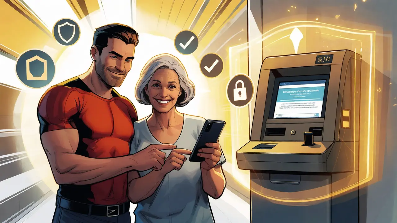 Family protected by a golden shield near a crypto ATM in bright comic art style.