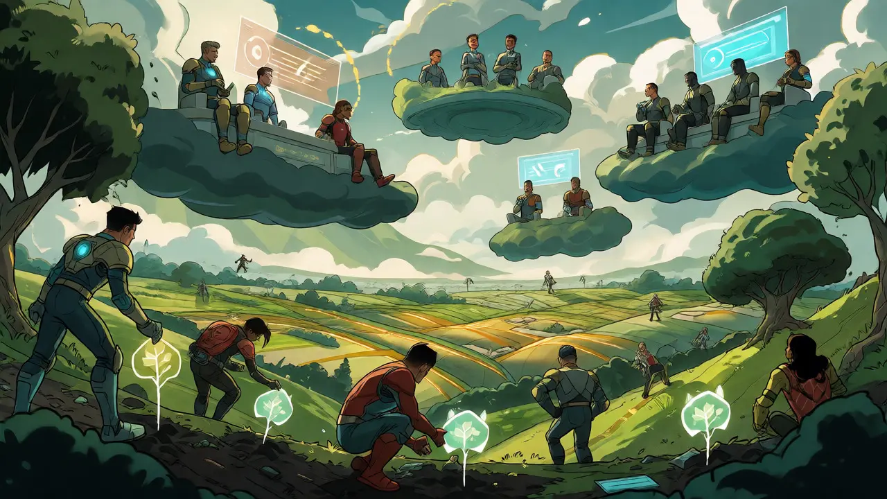 Futuristic ReFi metaverse with gamers planting trees and DAO council above