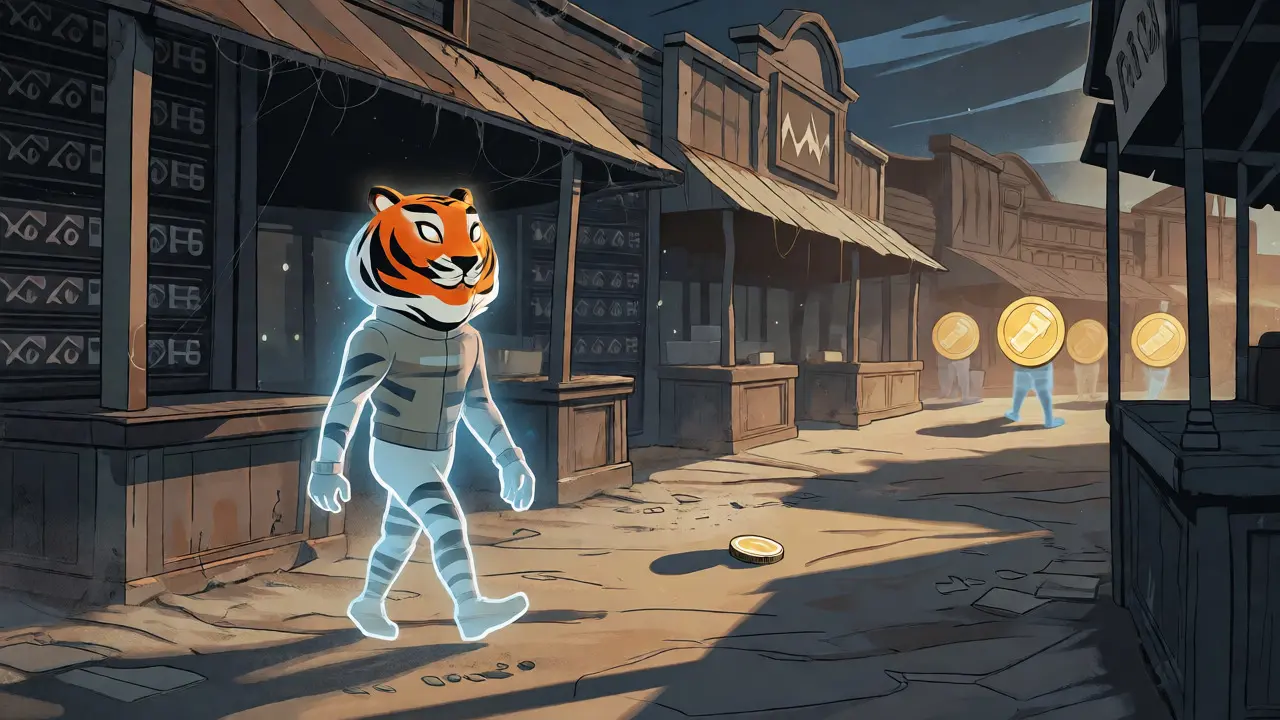 Ghostly tiger walking through an abandoned, dusty crypto marketplace.