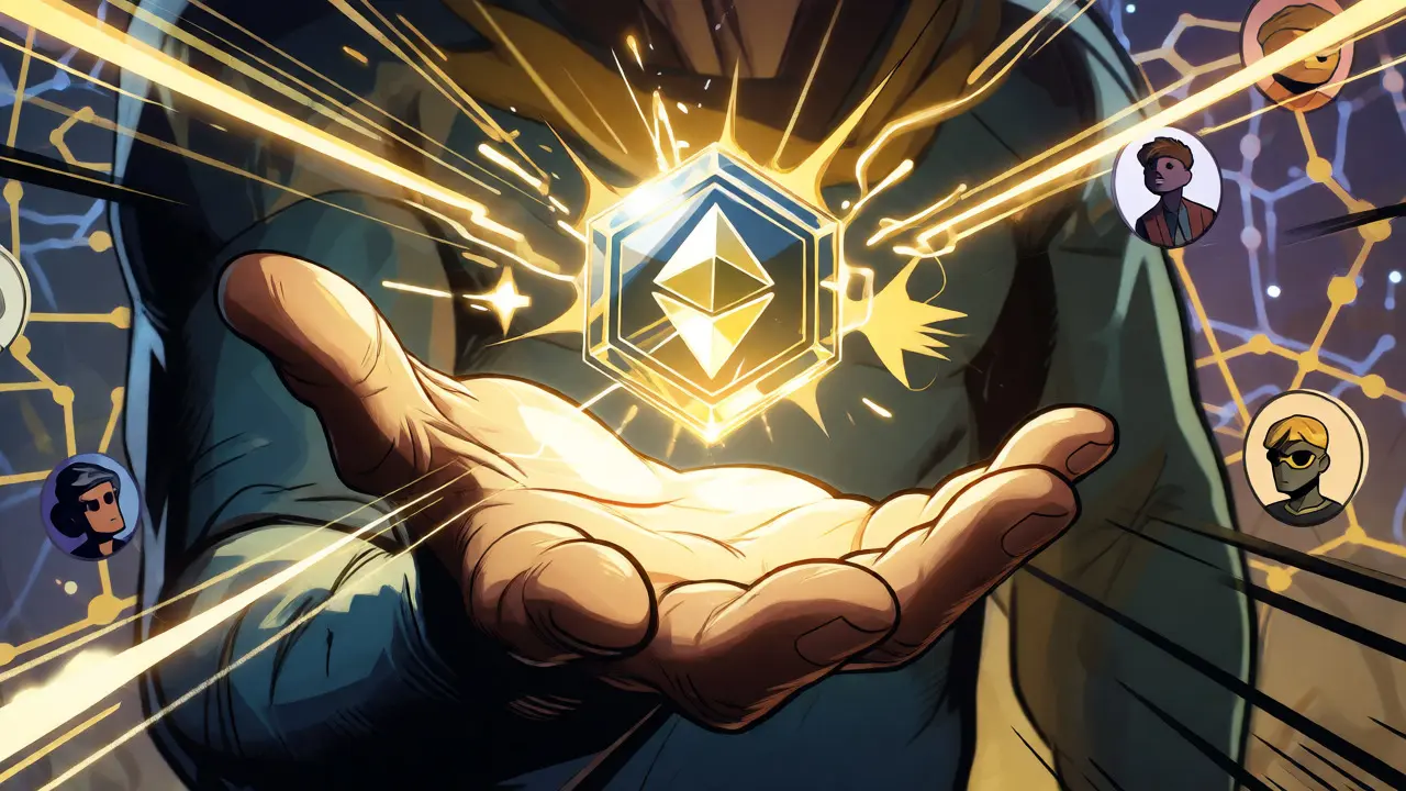 Glowing PCNT token transferring energy to gaming avatars via blockchain networks.