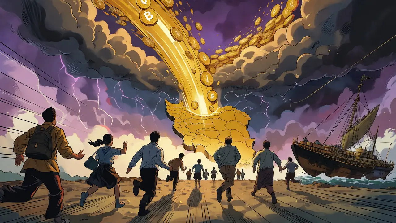 Golden crypto stream rising from Iran as citizens flee a sinking traditional banking ship.