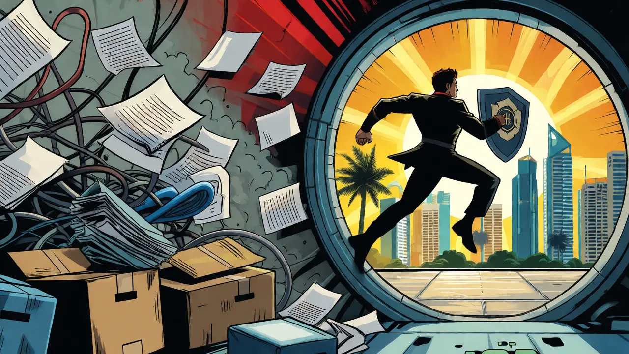 Hero leaping from chaotic relocation logistics to a sunny crypto haven