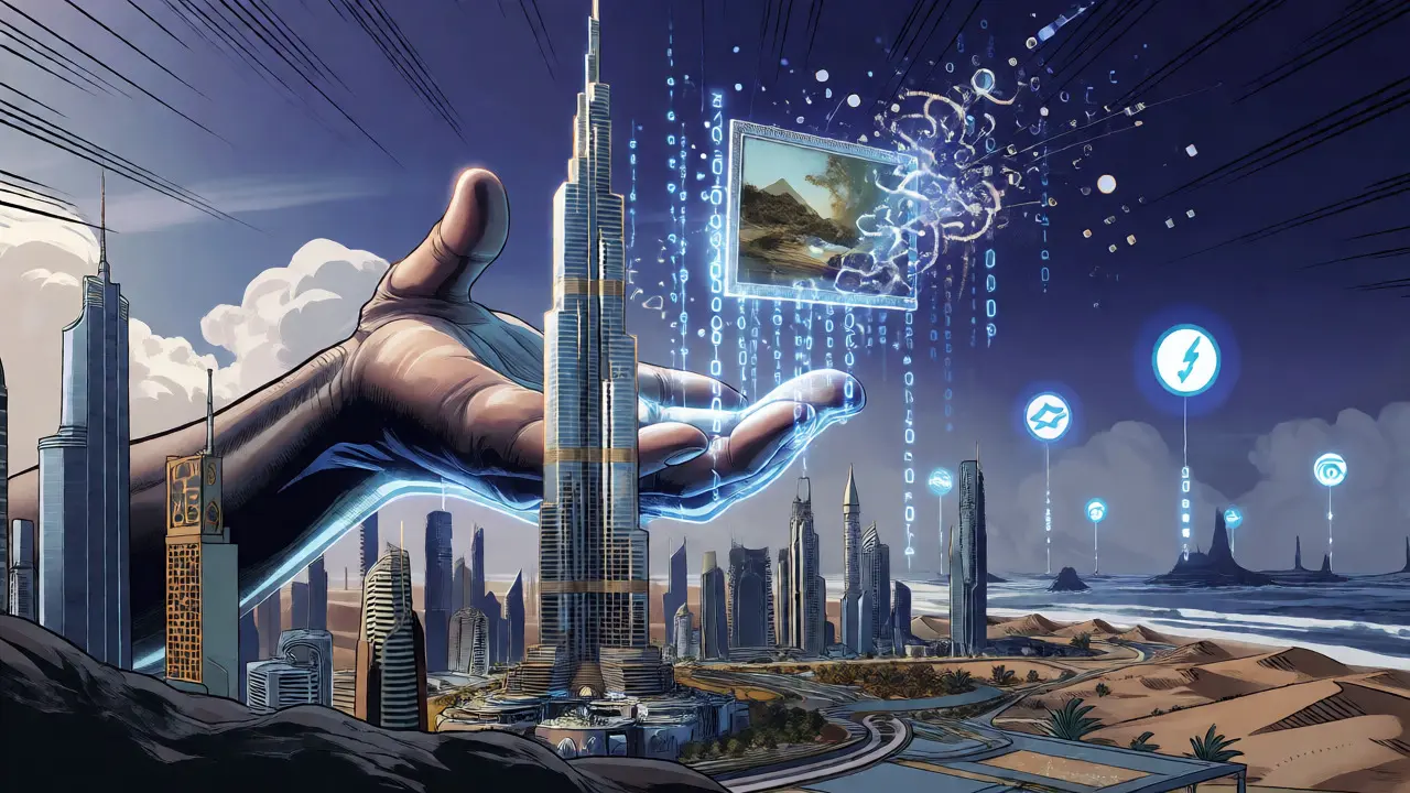 Holographic hand transforming a skyscraper into digital tokens