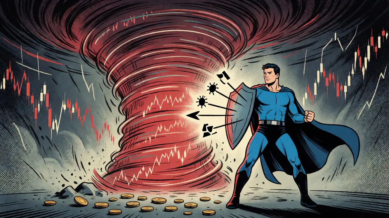 Investor hero shielding against a vortex of red data and falling prices.