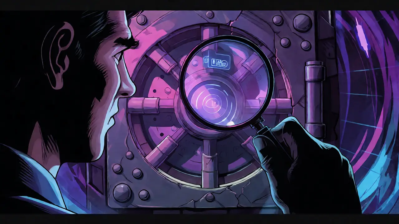 Investor inspecting cracked digital vault with magnifying glass