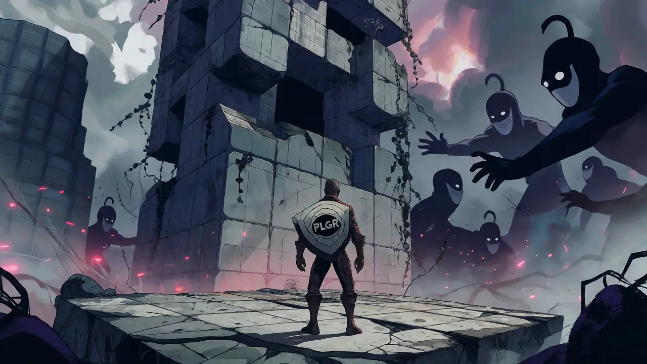 Lone hero standing before a crumbling DeFi tower with lurking scam villains in the shadows.