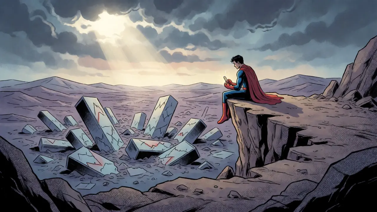 Lone holder sitting on a cliff overlooking a crashed crypto market landscape with a glowing token.